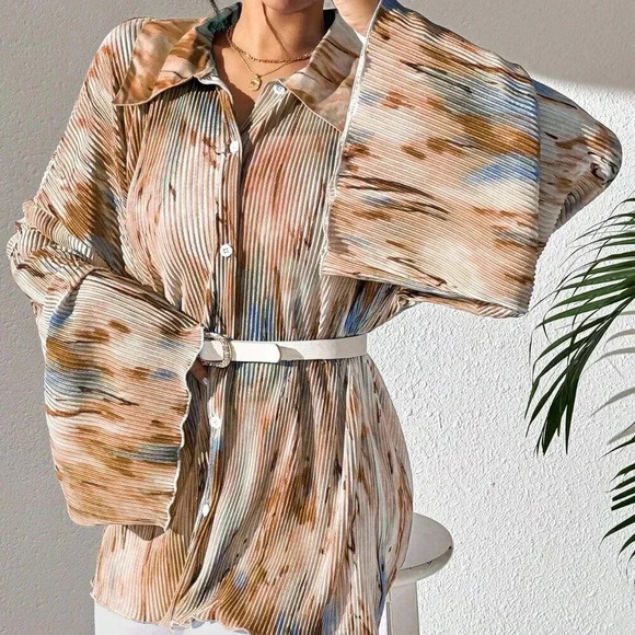 Khaki Casual Women's Spring/Summer Random Printed Flare Sleeve Shirt - Picture 1 of 6